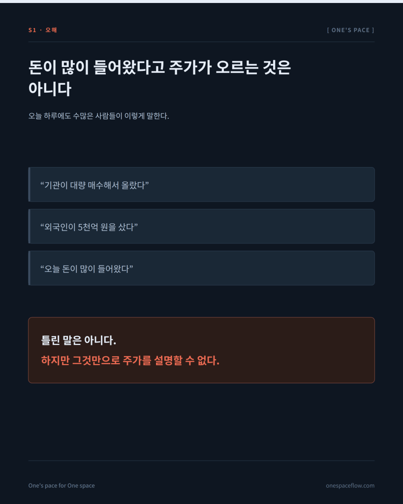 관 매수·외국인 순매수만으로 주가 상승을 설명하는 흔한 오해 3가지를 짚는 도식