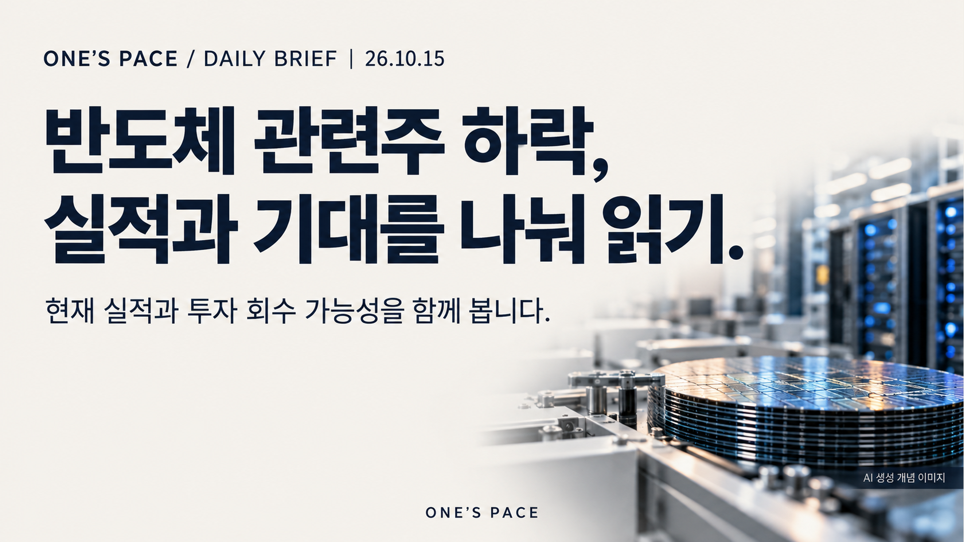 2026년10월15일 ONE’S PACE 데일리 가로 표지. 반도체 관련주 하락, 실적과 기대를 나눠 읽기. AI 생성 개념 이미지.