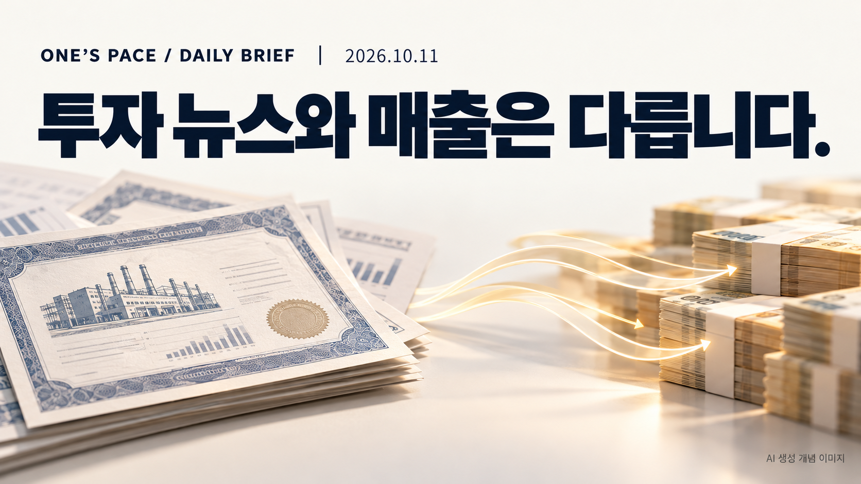 10월 11일 데일리 대표 이미지. 투자 뉴스와 매출은 다릅니다라는 제목과 주식 증서·자금의 개념 이미지.